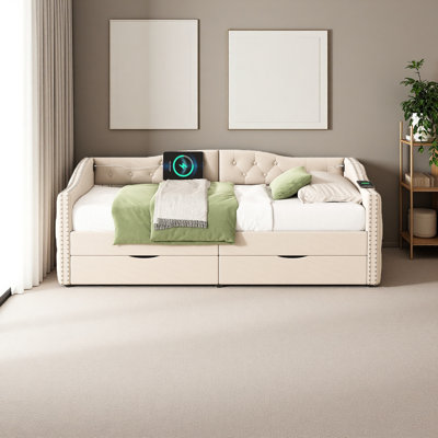 Upholstered Daybed With Storage Drawers, Wood Daybed Twin Size, No Box Spring Needed