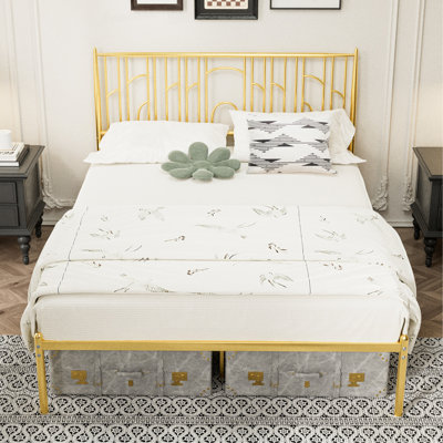 Queen Size Metal Steel Platform Bed Frame Classic Iron-Art Headboard Simple Classic For Home Hotel School Bedroom Furniture