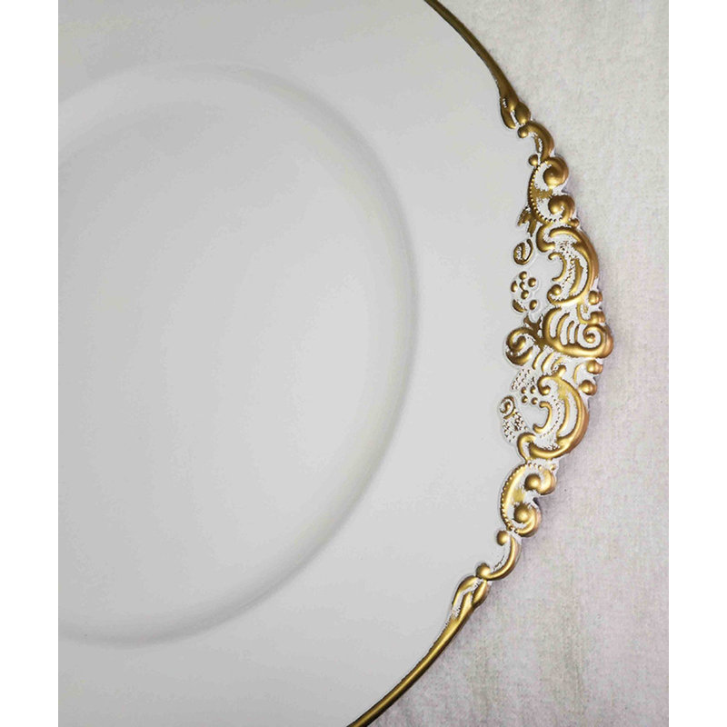 Round wedding party plastic plates white gold vintage Charger