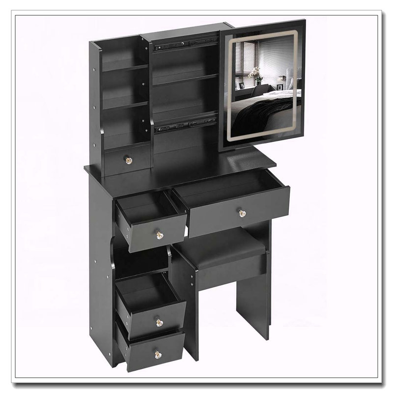 29.2" Small Space Vanity Table with LED Mirror, Stool and High Capacity Storage, Black