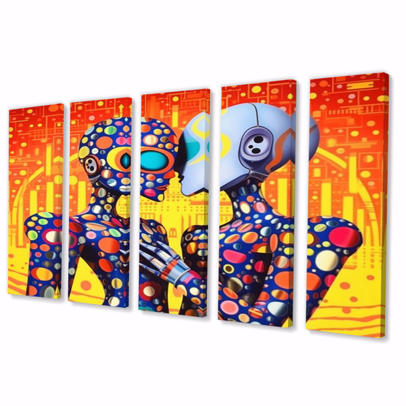 «Retro Robot Couple In Love VI», reproduction sur toile - 5 panneaux égaux