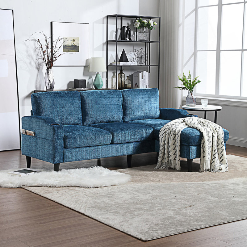 Sectional Sofa With Two Cup Holders, Teal