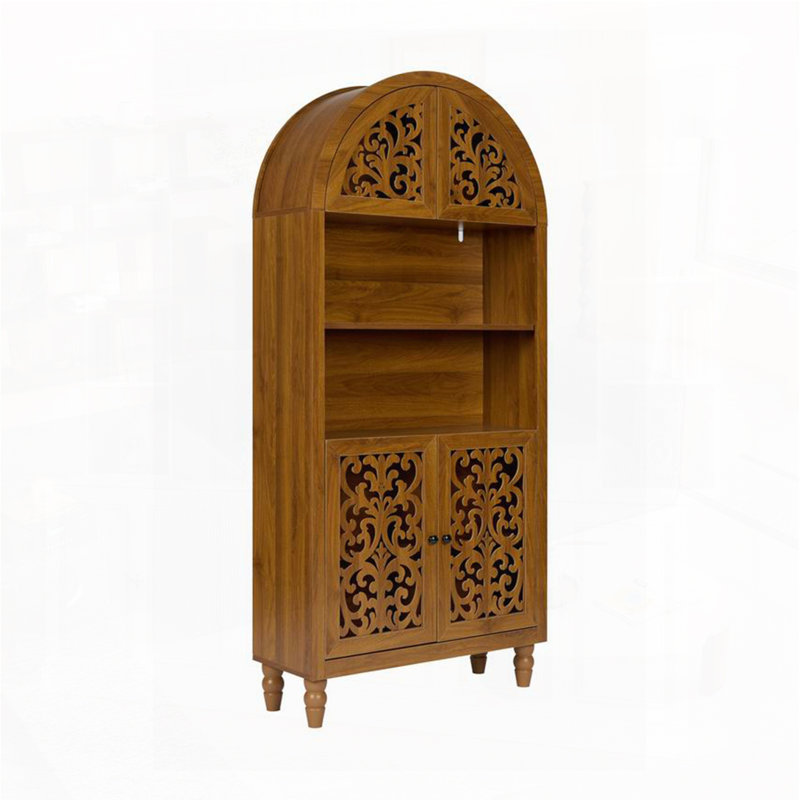 Bibliothèque 66 po de hauteur avec bibliothèque ouverte et armoire arquée en bois sculpté