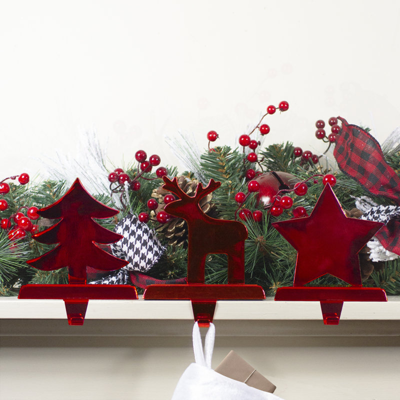 Red Metal Reindeer Tree Star Christmas Stocking Holders Set