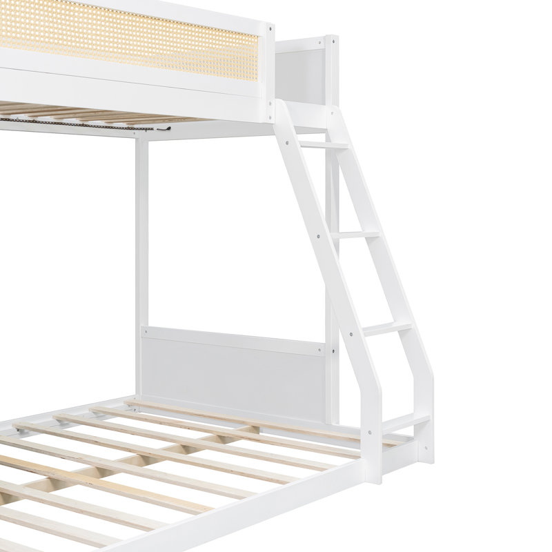 Twin Over Full Bunk Bed With Storage Bookcase, Rattan Guardrail And Light, White