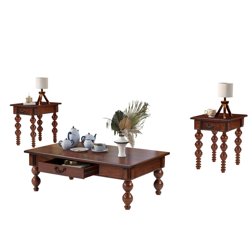 Ensemble de 3 tables basses en bois massif avec tiroir, table basse rétro et 2 tables d'appoint, Noyer