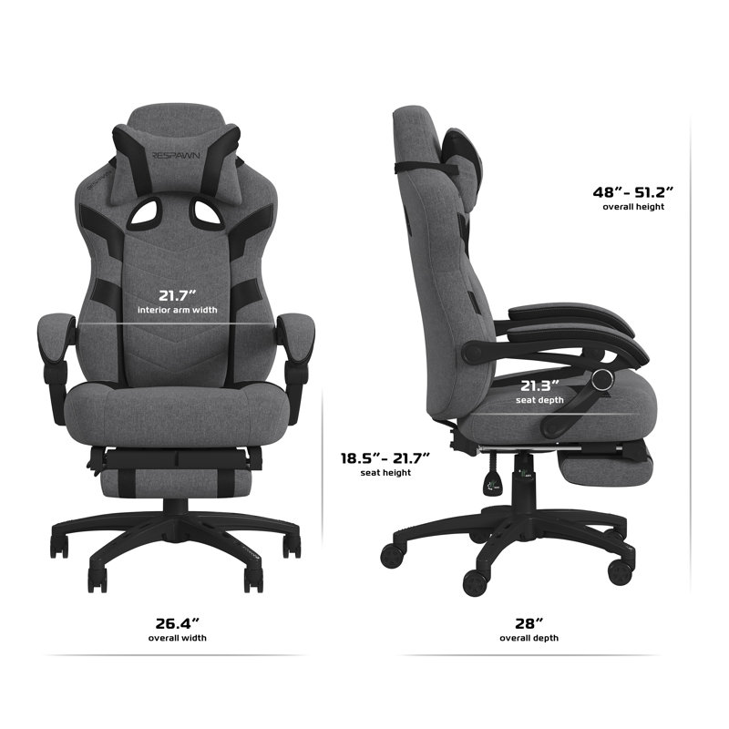 RESPAWN 110 Pro Gaming Chair - Gaming Chair with Footrest, Reclining Gaming Chair, Video Gaming Computer Desk Chair, Adjustable Desk Chair, Gaming Chairs For Adults With Headrest Pillow - Grey Fabric