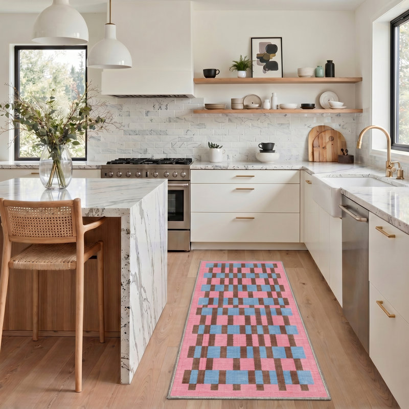 Abrahamson Canvas Geometric Machine Washable Blue / Pink Indoor Area Rug with Non-Slip Backing, Runner 2' x 6'