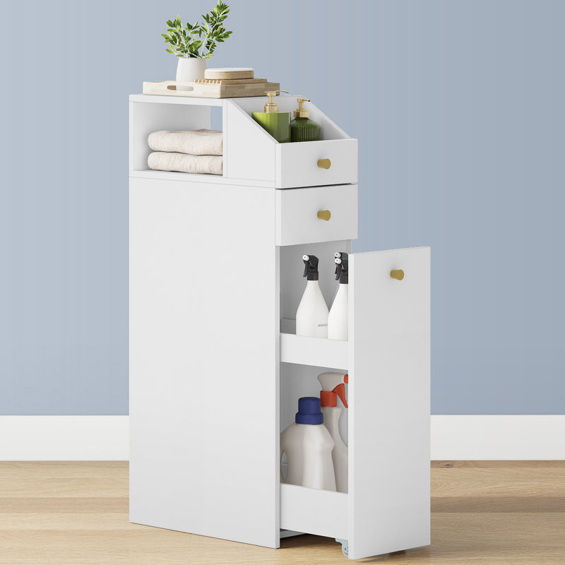 Slim Bathroom Floor Cabinet, Narrow Bathroom Storage Unit with Drawer & Slide Out Shelving and Wheels, Compact Bathroom Cabinet Organizer for Small Spaces, White 