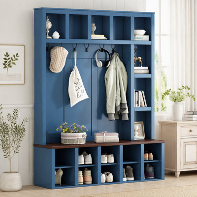 Farmhouse Wooden Hall Tree with 6 Hooks, Walnut Storage Bench with Adjustable Shelves, 4-in-1 Entryway Shoe Cabinet with Cubbies for Mudroom, Living Room, Blue