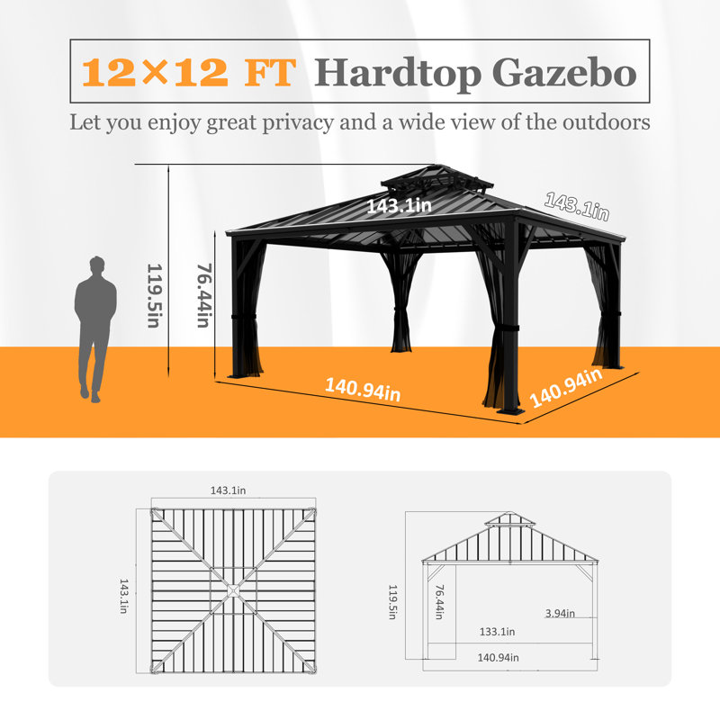 Hardtop Double-Roofed Aluminum Patio Gazebo Multiple Sizes, 113.03" H x 192" W x 144" D