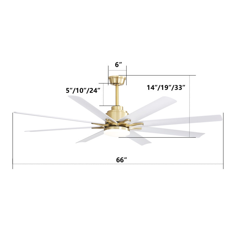 Ventilateur de plafond moderne de 66 po avec 8 lumières, lumière DEL réglable et moteur réversible à télécommande, Doré