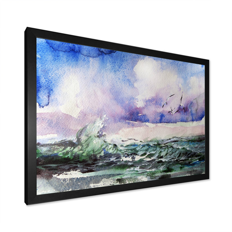 Vague et goélands - reproduction d'art sur toile, H 12 po x l 20 po x P 1 po, Cadre noir