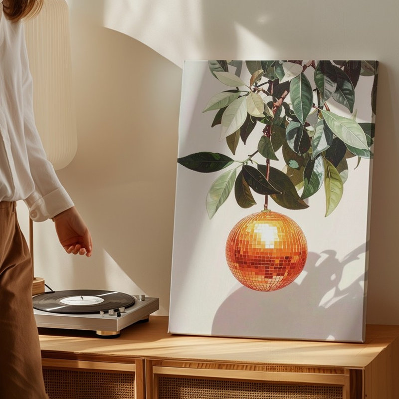 Art mural mural sur toile disco fantaisiste boule de canevas, orange fête d'art prêt à être accroché galerie décor moderne