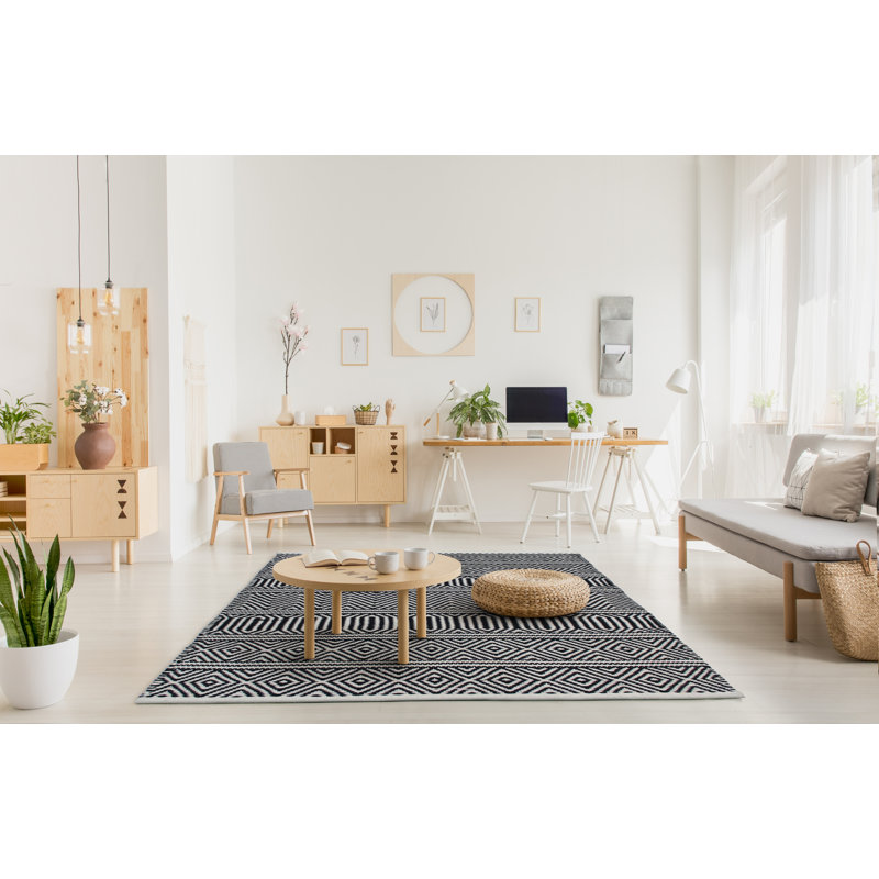 Tapis en coton noir fait à la main à motif géométrique Alodie, Rectangle 4 pi x 5 pi 11 po