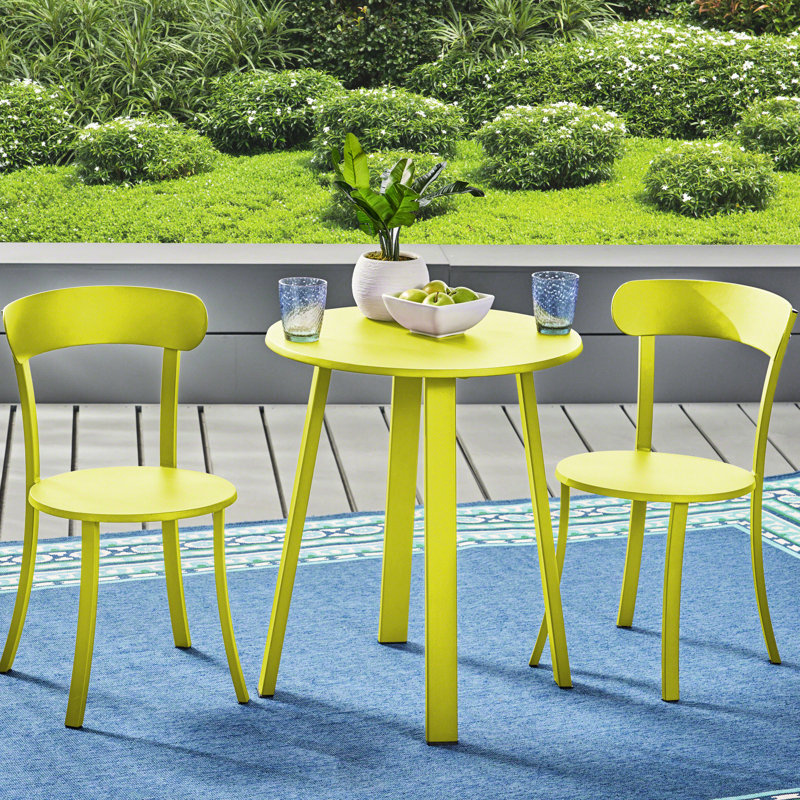 Bistro d'extérieur en lime mat, fabriqué en fer et attrayant, 2 chaises et table thermolaquées, finition, 1