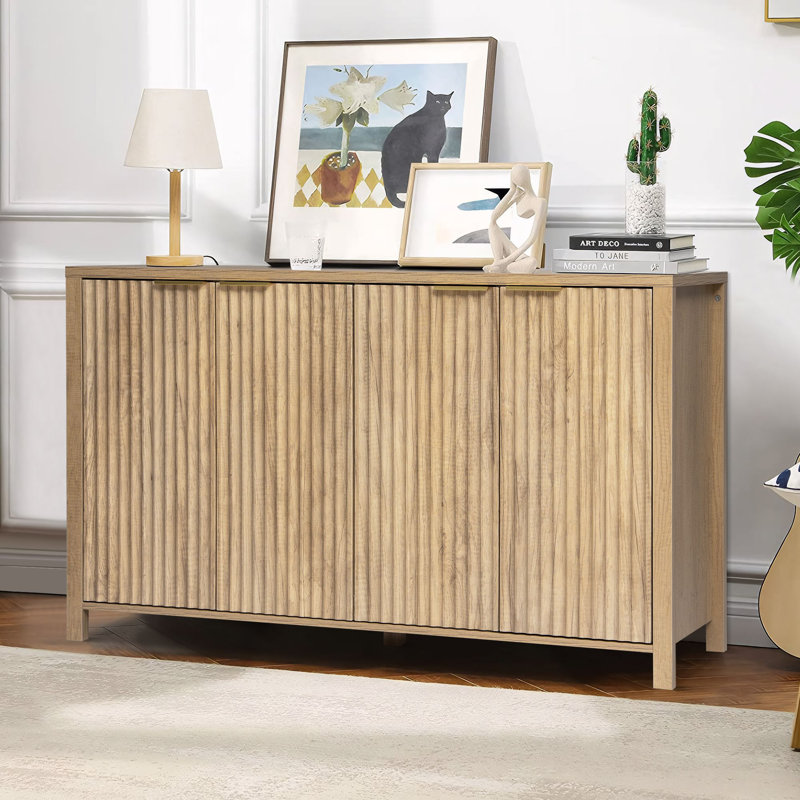Fluted Buffet Sideboard Cabinet with Storage, Modern Wave Fluted Buffet Credenza with Adjustable Shelves, 4 Door Accent Bar Cabinets Console Table