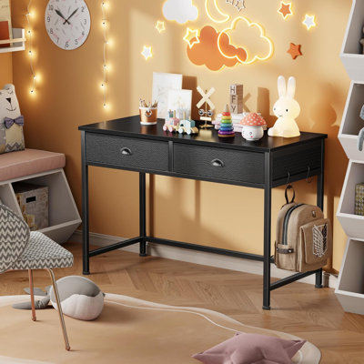 40" Small Computer Desk With 2 Fabric Drawers & Hooks – Simple Home Office Desk For Bedroom, Kids & Students, Black