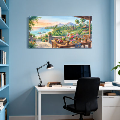 Paysage et nature, paradis tropical, scène de balcon avec table et fleurs