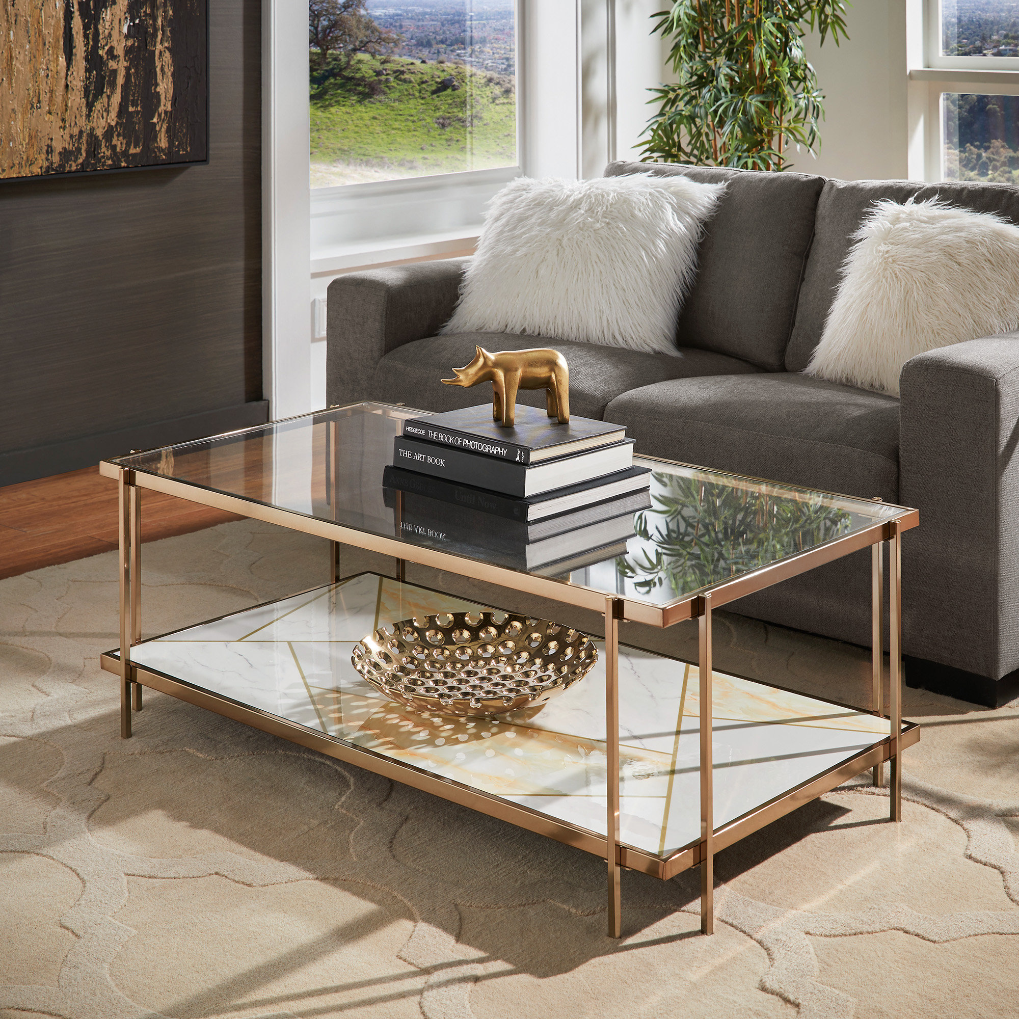 Mercer41 Kaiesha Champagne Gold Finish With Geometric Marble Pattern Glass  Coffee Table | Wayfair, image size:2000x2000