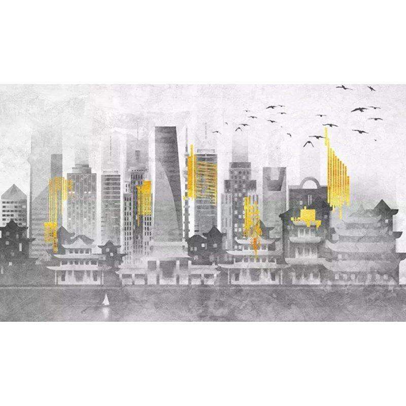 Papier peint amovible paysage urbain jaune, L 75 po x l 112 po