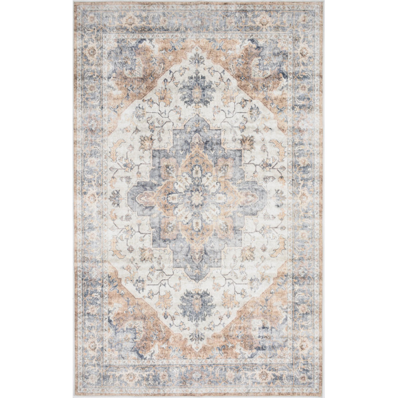 Tapis bleu délavé à la machine Whitley, Rectangle 5 pi x 7 pi