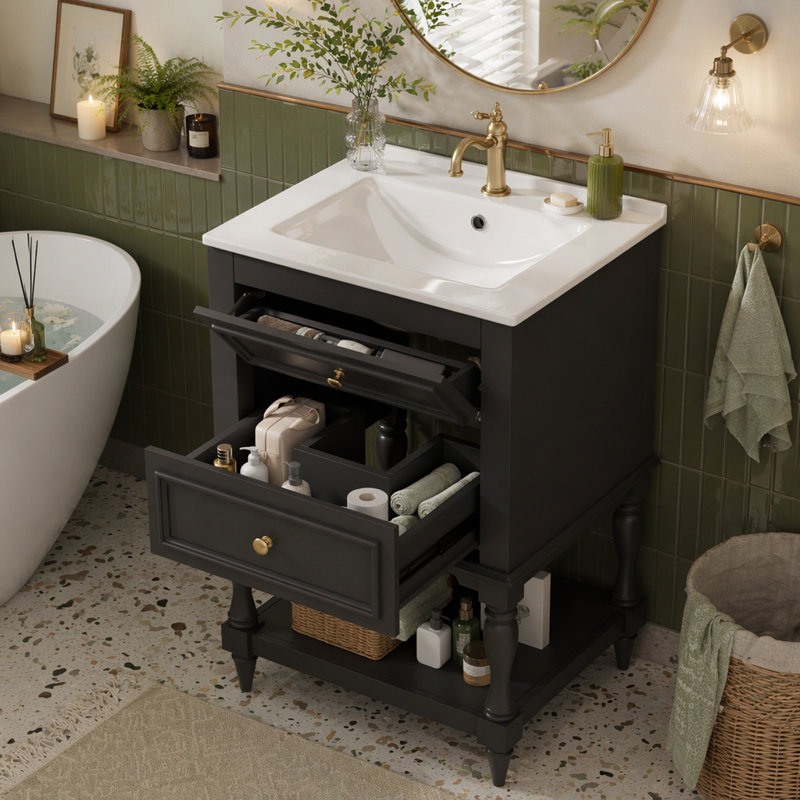 Meuble-lavabo de 20 po avec lavabo en céramique, armoire de rangement avec tablette ouverte, armoire de salle de bain rétro avec 2 tiroirs