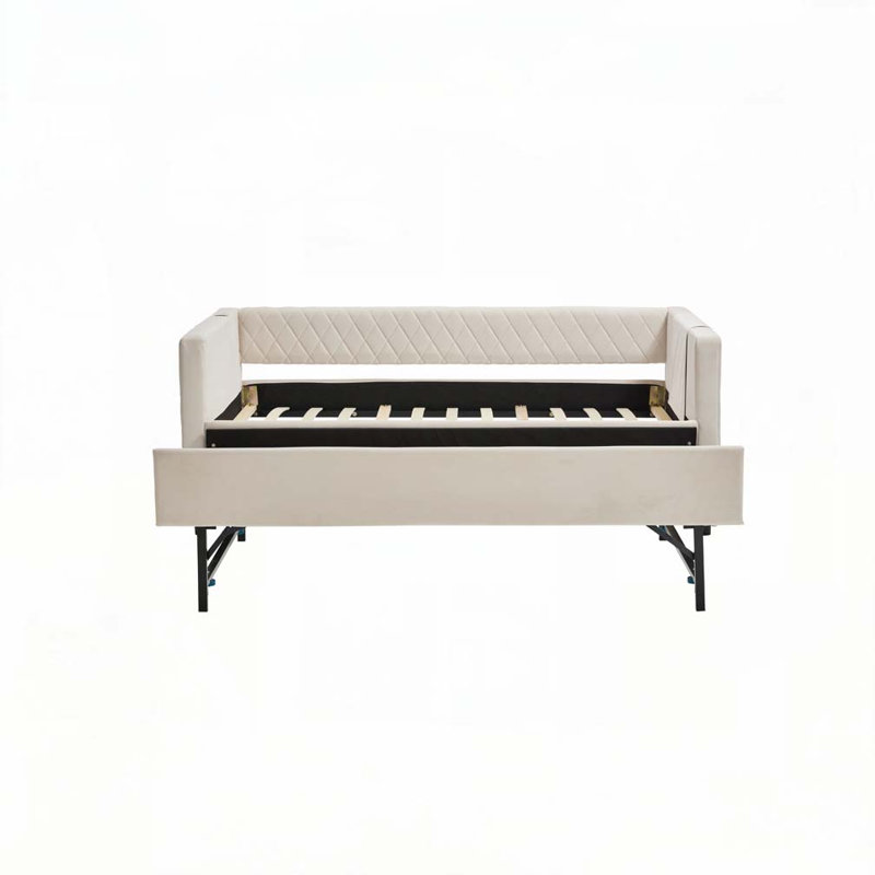 Velvet Upholstered Daybed with Trundle,USB Port ,Side Pockets, Beige