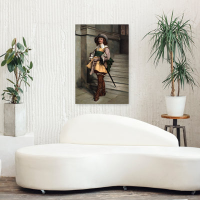 1600S Cavalier Wearing Fashion Of Times High Boots Sword Cummerbund Lace Collar Cuffs Musketeer Hat Looking At Camera Classic Retro Vintage Portrai...
