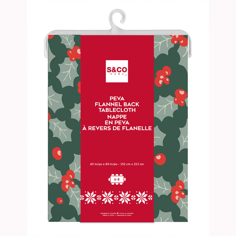 Christmas Tablecloth Rectangle, Holly on Green PEVA Vinyl Holiday Tablecloth, 52 x 70 Inch