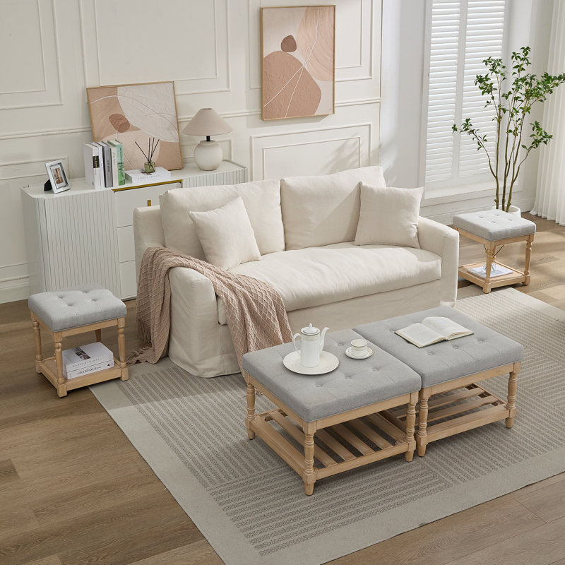  Ensemble de table basse et table de bout en lin 4 pièces avec rangement Gladis, Plateau gris / base brun clair