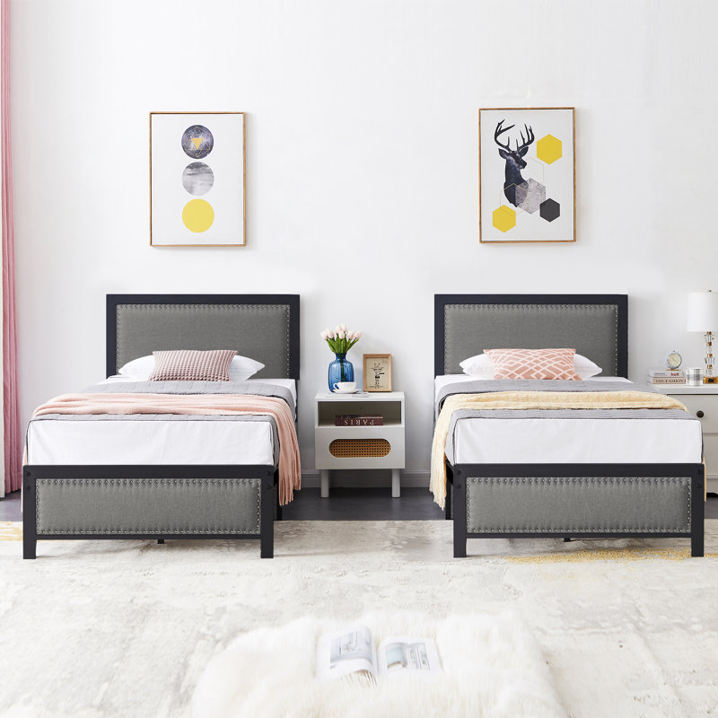 Belah Twin Size Bed Frames with Linen Upholstered Headboards and Nailhead Trim, Heavy-Duty Metal, Gray/Black