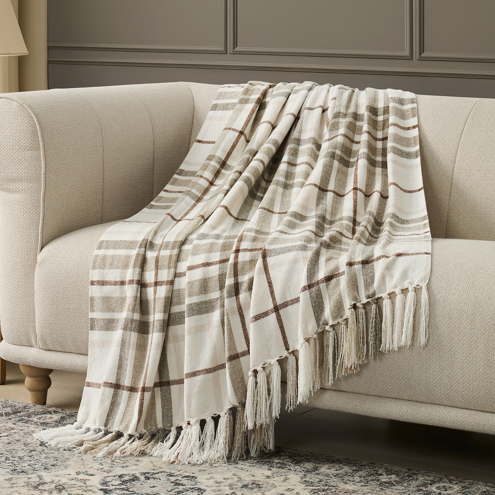 Soft Chenille Throw Blanket, Beige/White Plaid, 90" L x 90" W