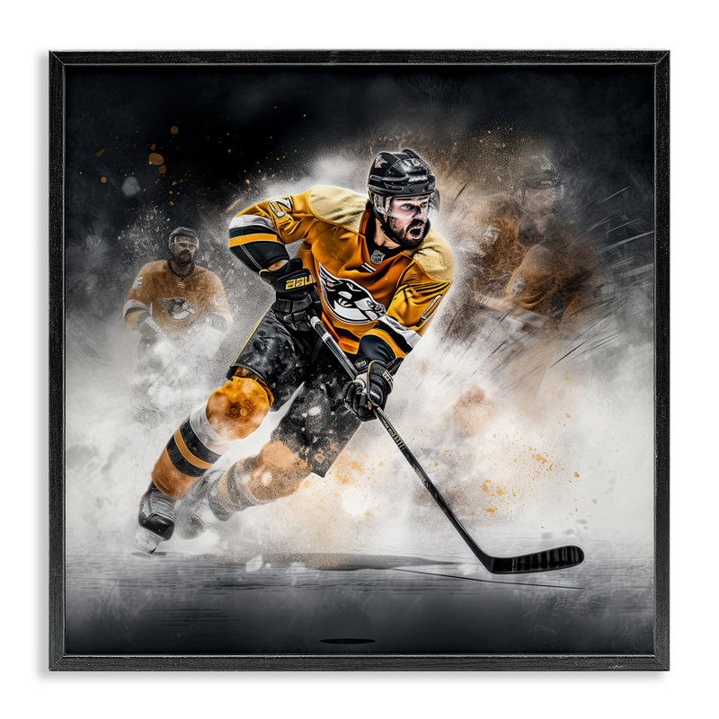 Joueur de hockey, estampe numérique par Jim Baldwin, H 12 po x l 12 po, Giclée encadrée noir minuit