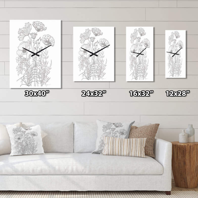 Minimal Wildflowers Dessin noir sur blanc II - Horloge murale fleurs sauvages, Petit