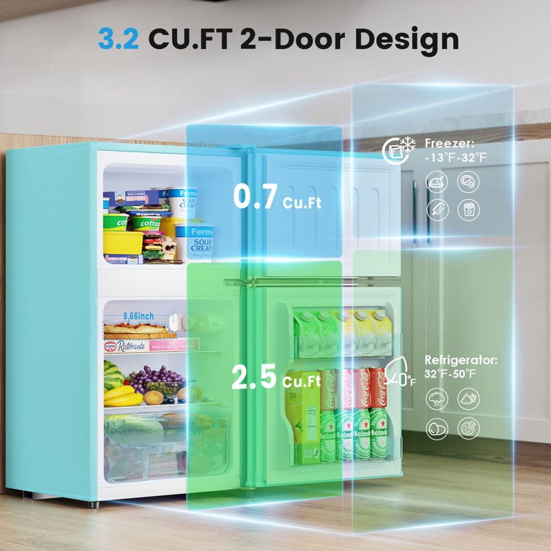 Bodare 3.2 Cubic Feet Freestanding Mini Fridge with Freezer, Sky Blue