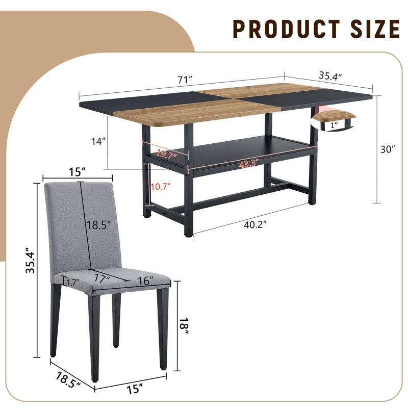 Rectangular Dining Table Set For 6, 71" Farmhouse Dining Table Set With 6 Upholstered Chairs And Storage Shelf, Wooden Tabletop With Metal Frame, Black/Wood Split-Colour