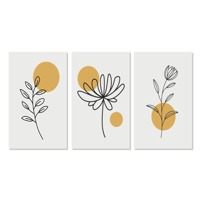 " Minimalistic Creative Retro Flower Design With Full Moon I " 3 - Pieces