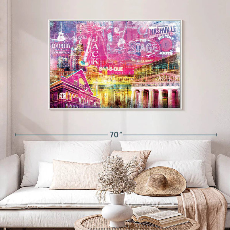 Nashville Buildings Grunge, 46" X 31", Floating Frame White