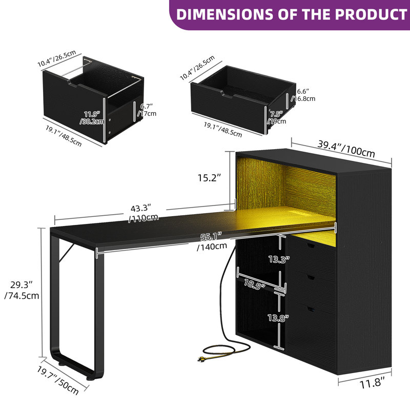 Broly 55.1'' L-Shape Computer Desk with Colorful LED Light and Built-In Outlets, Black