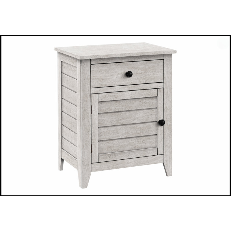 Table d'appoint d'inspiration côtière avec tiroir de rangement et armoire pour le salon ou la chambre à coucher, finition en placage gris délavé.
