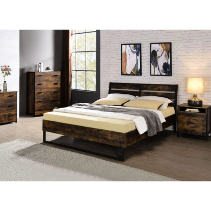 Très grand lit rustique en chêne rustique et noir - panneau de style industriel moderne avec placage en métal et en bois composite sans sommier tapissier