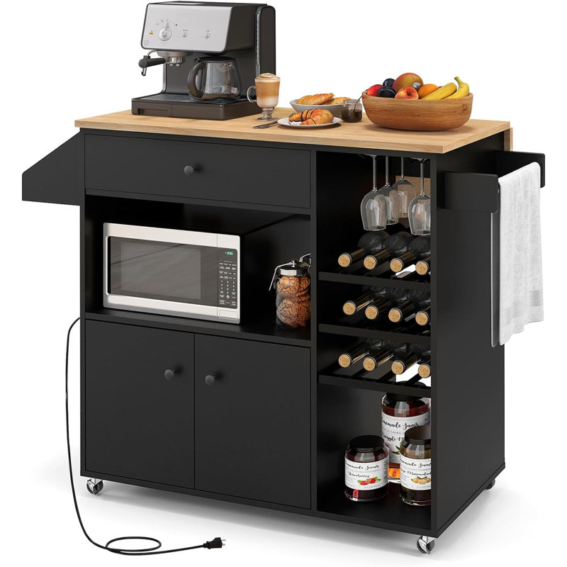 Kitchen Island Cart With Drop-leaf & Power Outlet Rolling Kitchen Cart On Wheels With Microwave Shelf Glass Holder, Black