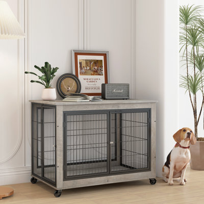 Table d'appoint pour meuble pour chien avec roulettes, portes doubles et plateau relevable gris (l 38,58 po x P 25,5 po x H 27,36 po)