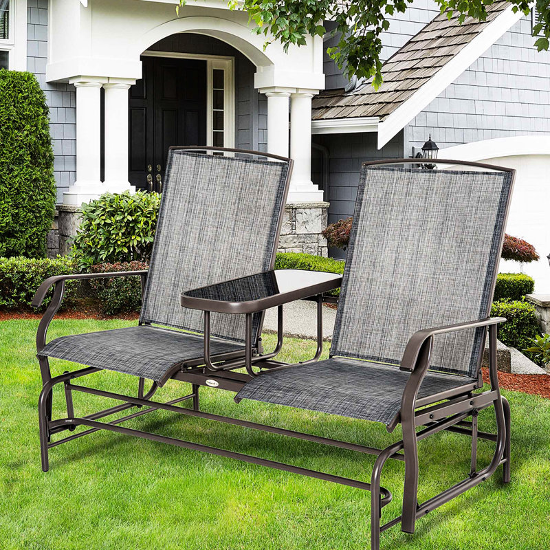 Patio Glider Bench With Center Table In Gray. Metal Frame For Backyard Garden Porch. Double Gliding Relaxation. Breathable Fabric . Supports 726 Lbs. Total.  Outdoor Coffee