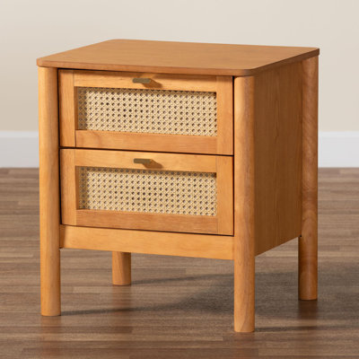 Betzayda Baxton Studio Jenn Golden Brown Wood Japandi 2-Drawer Nightstand With Distressed-Finished Rattan