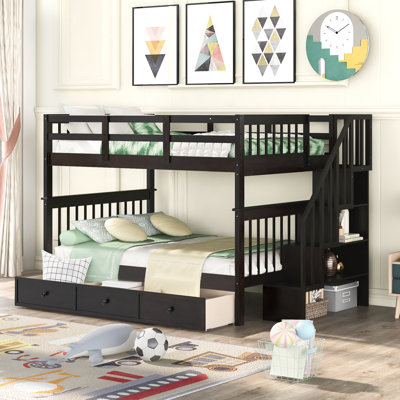 Stairway Full Over Full Bunk Bed with Storage Drawer, Shelves, Guard Rail, Convertible to Two Beds, Espresso
