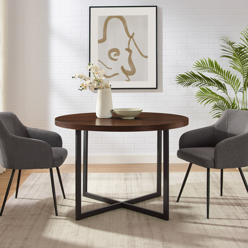 Randisha Round Metal Base Dining Table, Dark Walnut