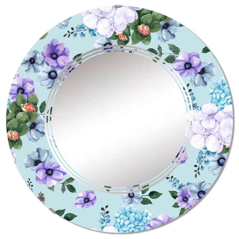 Miroir mural blanc et orange à motif de fleurs rondes sur fond bleu clair, 32 po x 32 po