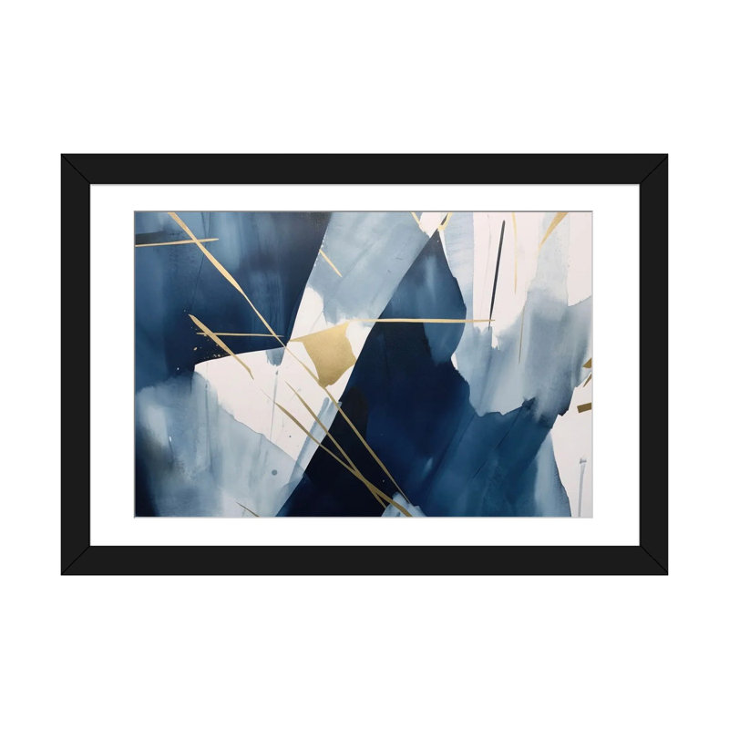 Dark Blue Abstraction III, White, 16" H x 24" W x 1" D, Black Open Corner Framed Paper